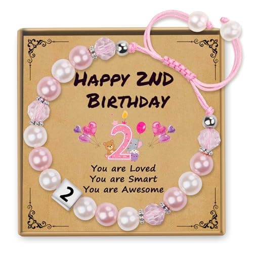 Sereney 2 Year Old Girl Birthday Gift, Pearl Beaded Bracelets as 2nd Birthday Gifts for 2 Year Old Girls, Adjustable Pink Baby Bracelet as Two Years Old Girl Gifts for Daughter Granddaughter Niece