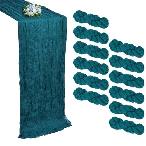 RestfulGlow 12 Pack Teal Cheesecloth Table Runner 10FT Boho Cheese Cloths Gauze Fabric Table Runners 120 Inch Rustic Sheer for Easter Spring Wedding Birthday Party Baby Shower Holiday Decorations