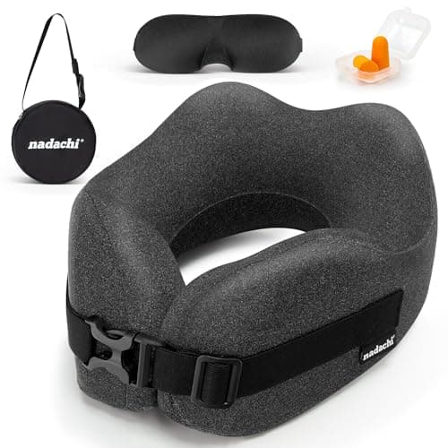 nadachi Neck Pillow Airplane Travel Set - Pure Memory Foam Travel Neck Pillow, Plane Pillow for Long Flights Essentials, Sleeping with 3D Contoured Eye Mask, Earplugs, Portable Bag (DeepGray)