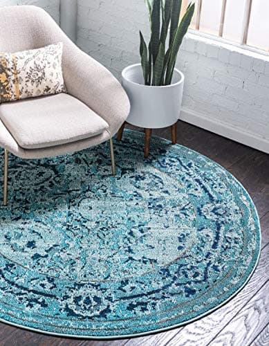 Unique Loom Medici Collection ...t Blue Round Rug (8' 0 x 8' 0)