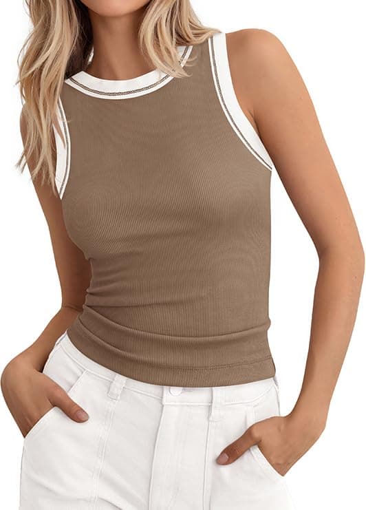 BTFBM High Neck Tank Top for Women Sleeveless Ribbed Y2k Clothes Basic Shirts Going Out Outfits Spring Summer Tops 2026(Khaki, Medium)