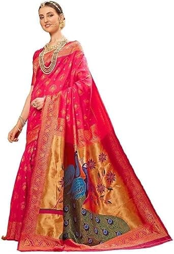Women’s Paithani Silk Blend Saree with Blouse Piece – Woven Traditional Indian Saree for Wedding, Party & Festive Wear (Red)