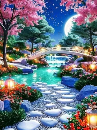 CSZPPQAF Diamond Art Kits for Adults Beginner, Cherry Blossom Moon Night Garden 5D Diamond Painting Kits for Adults, DIY Full Drill Gem Art Paint by Diamonds Dots Crafts Kits for Home Decor 12x16Inch