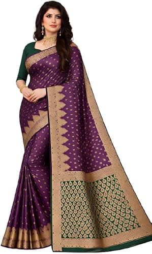 TRILOK CREATION Women’s Elegant Banarasi Style Saree with Gold Zari Work – Traditional Indian Ethnic Wear for Wedding & Festive Occasions (Jamuni & Green)