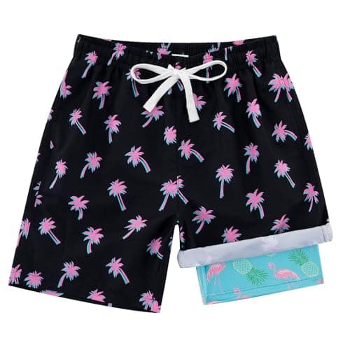 swimsobo Teen Boys Swim Trunks Size 18 Kids Bathing Suit Black Hawaii Palm Tree Swimming Shorts with Compression Boxer Liner Swimsuit