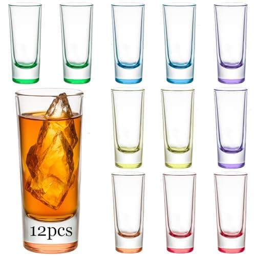 Ruckae 12 Pack 2 OZ Shot Glasses Set Gradient Colorful Shot Glasses Bulk with Heavy Base Bar Cylinder Glass Shot Cups for Vodka Tequila Whiskey Liquor Cocktail
