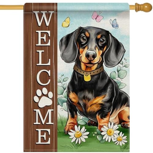 Dyrenson Welcome Dachshund Dog 28 x 40 House Flag Double Sided, Paw Prints Garden Yard Decoration Pet Owner Lover Gift, Spring Summer Burlap Outdoor Decor Decorative Large Flag