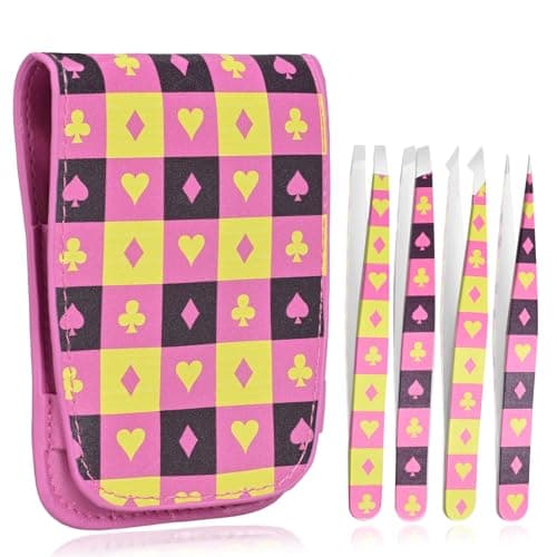 COSHAYSOO 4 Pack Tweezers Set for Women Facial Hair in Checkered Travel Case, Small Y2K Retro Fashion Accessories for Her Teen Girls, Eyebrow Ingrown Hair Splinter Removal Grooming Kit Poker Decor