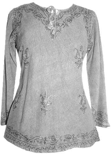 Agan Traders 2026 Summer Long Sleeve Tops for Women – Embroidered Medieval Tunic Kurta Blouses - Rayon Vintage Women's Tops (US, Alpha, X-Small, Regular, Regular, Silver/Grey)