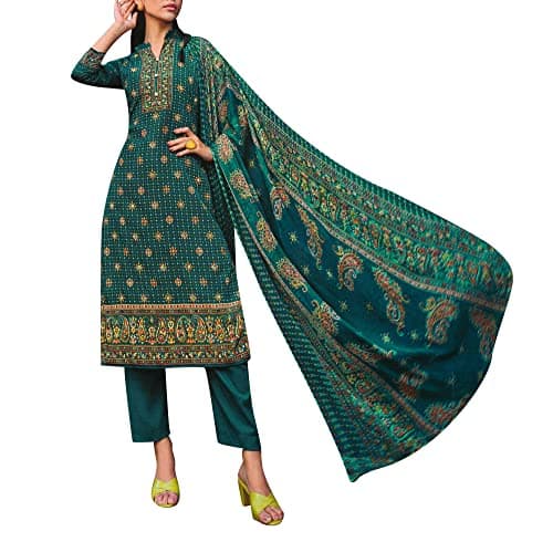 ladyline Semi Formal Royal Crepe Printed Salwar Kameez Suit with Chiffon Dupatta (CRPSK BESHA940) (36/Teal Green)