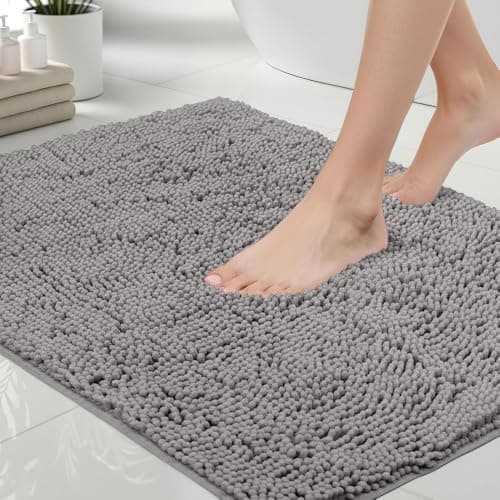 GORILLA GRIP Bath Rug Mat, Thick Soft Absorbent Chenille, Quick Dry Microfiber Mats, Rubber Backing, Machine Washable Shower Floor Rugs, Bathroom Bathmat Home Decor Accessories, 24x17 Grey