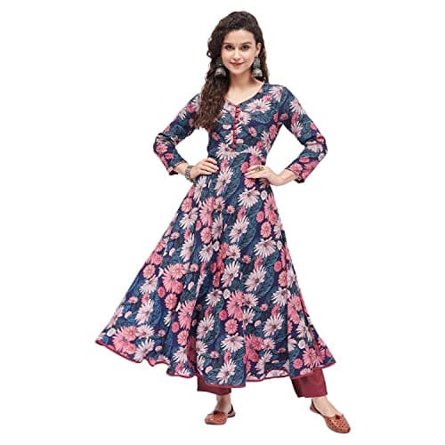 Tissu Women's Rayon Blue & Pink Floral Printed A-Line Kurta (2206_Blue_S)