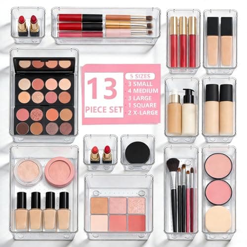 Asnews 13 Pcs Desk Organizer Tray for Makeup, 5 Sizes Vanity Makeup Drawer Organizer Set, Non-Slip Desk Drawer Organizer Trays for Bathroom, Bedroom, Office, Fits Jewelry