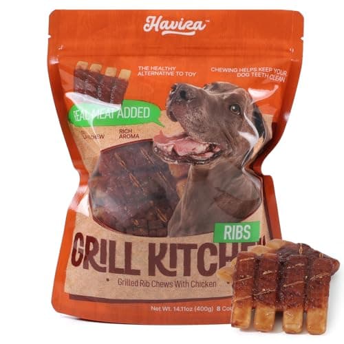 Havira BBQ Dog Treats Spareribs 8 Count, Grill-Shaped Rawhide Free Dog Chews Bone, Easily Digestible, for All Life Stages