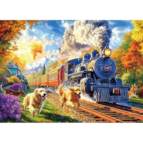 PuzzOne 1000 Piece Puzzle for Adults, Vintage Steam Train with Golden Retrievers Dog Jigsaw Puzzles Fall Landscape for Adults Challenging Game, 27.5 x 19.7 Inches