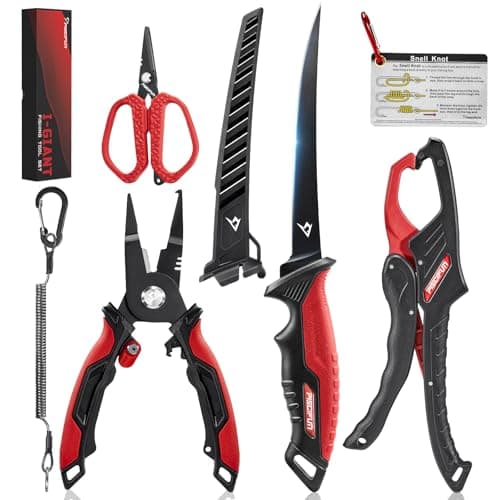 Piscifun 4PCS Fishing Tool Kit, Fishing Tool Set with Fishing Pliers, Floating Fish Lip Gripper, Fillet Knife and Braided Line Scissors, Corrosion Resistant Fishing Gift for Men