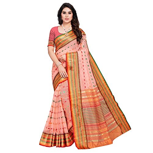 Sidhidata Women's Kota Doria Cotton Manipuri Saree With Unstitched Blouse Piece (W Peach)