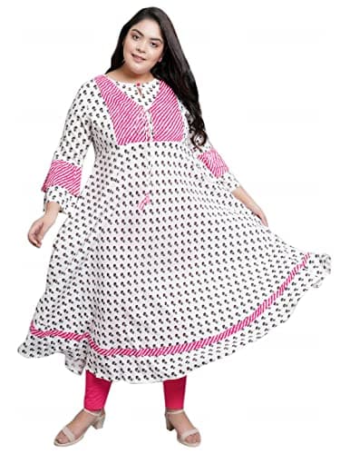 Yash Gallery Women's Plus Size Rayon Floral Print Anarkali kurta (White)