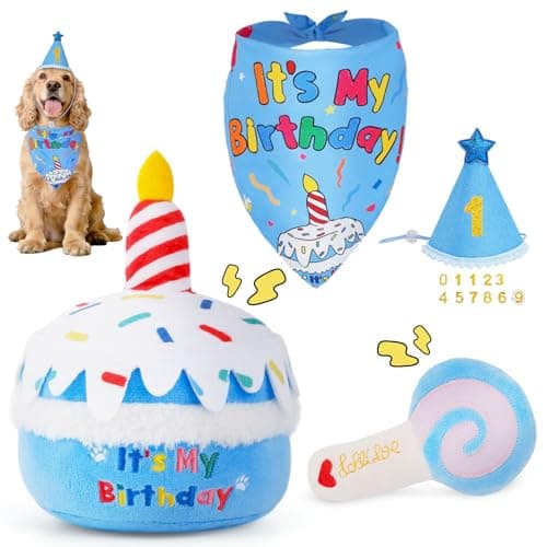 KIPRITII Dog Birthday Party Supplies – Dog Birthday Cake Toys, Birthday Bandana & Hat for Small Dogs, Interactive Puppy Plush Toys to Relieve Boredom