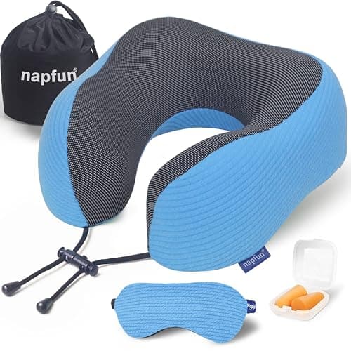 napfun Neck Pillow for Travel with Travel Pouch, Sleep Mask & Earplugs, Memory Foam Airplane Pillow for Headrest Sleep with Eyeshades, Plane Essentials with Eye Blindfold, Sky Blue Striped Kit
