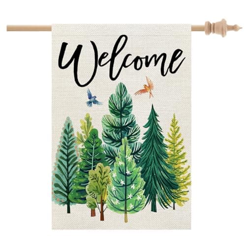 CROWNED BEAUTY Spring Summer House Flag Green Trees Double Sided 28x40 Inches Large Burlap Welcome Holiday Seasonal Yard Decoration for Outside Porch