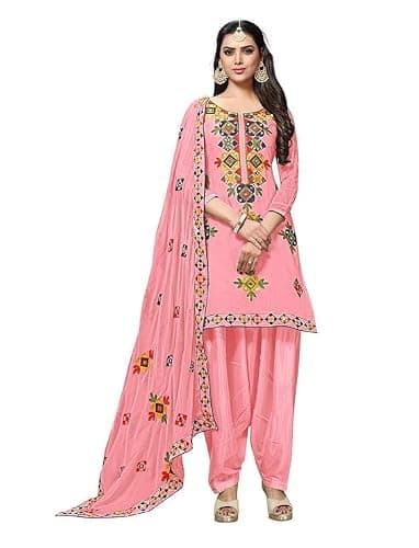 Striwaa Readymade Phulkari Embroidery Work Chanderi Fabric Salwar Suit with Dupatta for Women Ethnic Wear