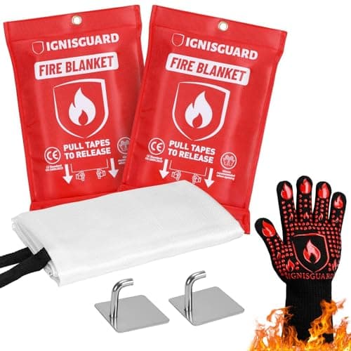 IGNISGUARD Emergency Fire Blankets for Home and Kitchen, 2-Pack 40"x40" Fiberglass Fire Suppression Blanket for Grease Fires, BBQ Grill, Camping, RV, Fireplace & Survival Safety