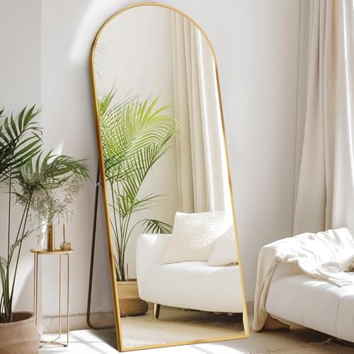 DUMOS Arched Full Length Shatter-Resistant Mirror w/ Stand Floor Free Standing Aluminum Frame (Gold Rounded, 64"x21") $41 + Free Shipping