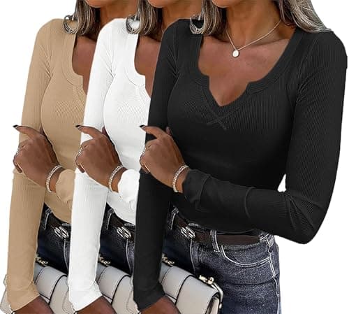 Ekouaer Womens 3 Pack Long Sleeve Shirts V-Neck Slim Fit Going Out Thermal Undershirts Ribbed Y2K Tops XS-XXL