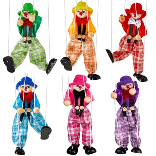 Meooeck 6 Pack Wooden Marionette Puppets Pull String Puppets, Include 6 Colors Clown Marionette String Clown Doll for Birthday Theater Puppetry Party