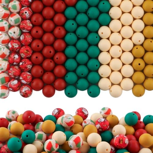 HHCFAST 150Pcs Mixed Color 15mm Silicone Beads for Keychain Making, Mustard Red Christmas Print Silicone Beads for Pens and Bracelet Jewelry Making