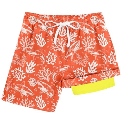 Cozople Swim Short for Boys Swimsuit Swim Trunk Swim Short Sharks Corals Seaweed Orange Compression Swimwear UPF Stretchy Bathing Suit Size 14-16