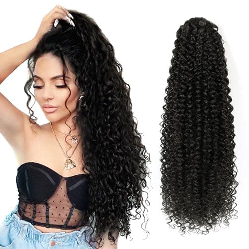 28inch Drawstring Ponytail Extension,Black Hair Extensions For Women,Long Curly Ponytail Synthetic Hairpieces for Daily Use (1B)