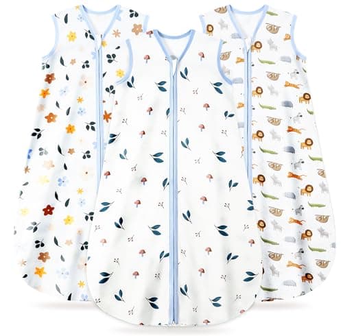 TURMEWU 3 Pack Baby Sleep Sack 12-18 Months 100% Organic Cotton, 0.5 TOG Lightweight Wearable Blanket, 2-Way Zipper Sleeping Bag, Animal&Plant&White