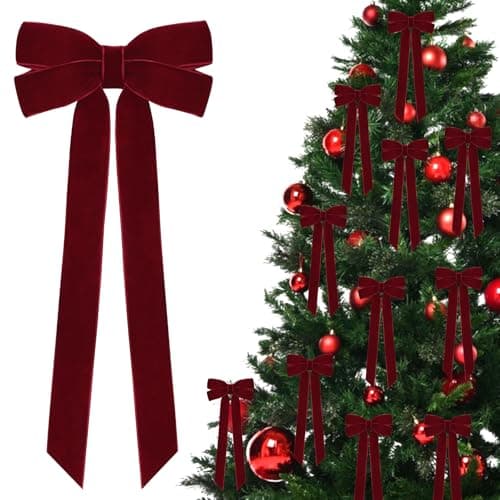 12Pcs Burgundy Velvet Ribbon Bows Christmas Tree Decorations,5in x 10in Xmas Ornaments for Tree Home Party Front Door Wreath Garland Holiday Decor