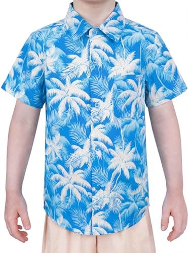 BliBliTaTa Boys 100% Combed Cotton Hawaiian Short Sleeve Button Down Shirt, Size 3T 4T 5 6 7 9 10 11 12 13 14 15 Years Palm Leaf-7-9Y