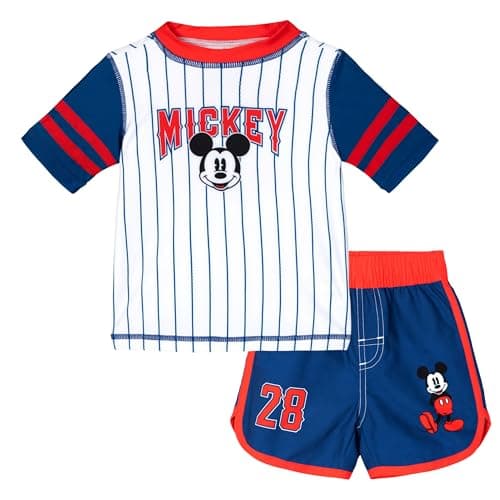 Disney Mickey Mouse Infant Baby Boys Raglan Rash Guard and Swim Trunks UPF 50+ Outfit Set White/Blue/Red 18 Months