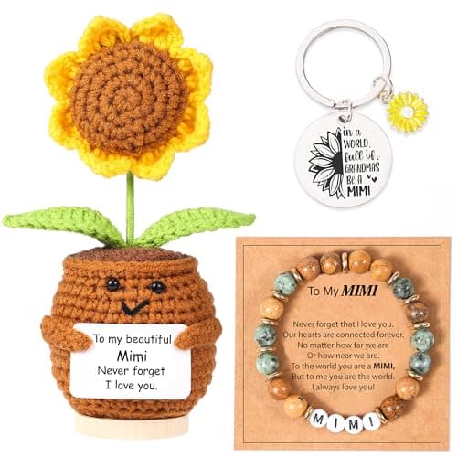 Lamyba Mimi Gifts for Grandma, Sunflower Crochet Decor, Natural Stone Adjustable Mimi Bracelet and Keychain Set, Christmas Birthday Mothers Day Gift for Mimi from Grandkids