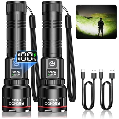 RECHOO Rechargeable Flashlights 2 Pack, Super Bright High Lumens LED Flashlight with LCD Digital Display, 3 Lighting Modes & Zoomable Torch Lights for Home Camping Hunting Emergency