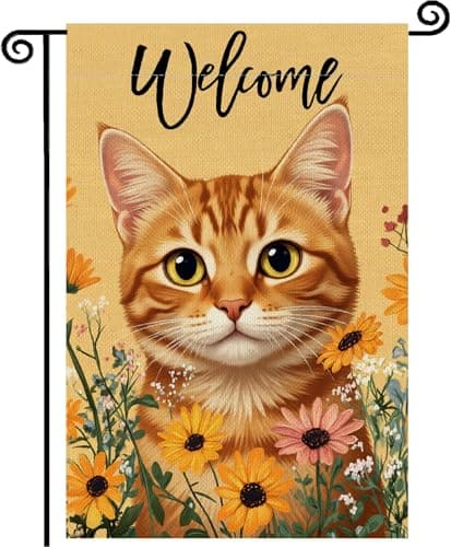 Welcome Spring Summer Cat Garden Flag 12x18 Double Sided, Orange Tabby Cat with Sunflowers Yard Flag, Cute Kitten Outdoor Decor for Front Porch Home Garden, Small Linen Flag