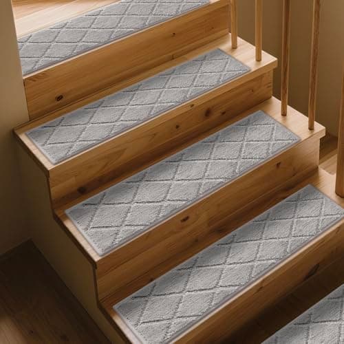 CELION Edged Non-Slip Stair Treads for Wooden Steps (30x8 Inches), 13mm Thick Tufted Carpet Mats, Indoor Stair Runners for Pets & Kids, 100% Polyester TPR Backing – No Residue (Grey, 12pc)