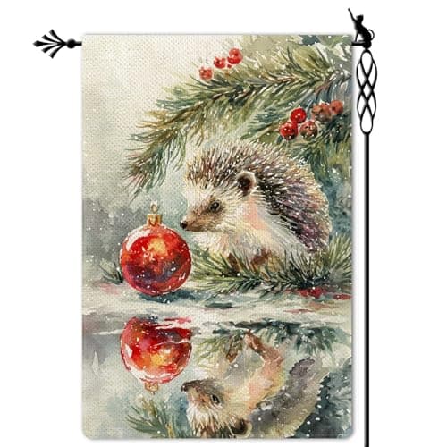Jauageon Winter Hedgehog Garden Flag Merry Christmas Garden Flag Vertical Double Sided Rustic Farmland Burlap Yard Lawn Outdoor Decor 12.5x18"