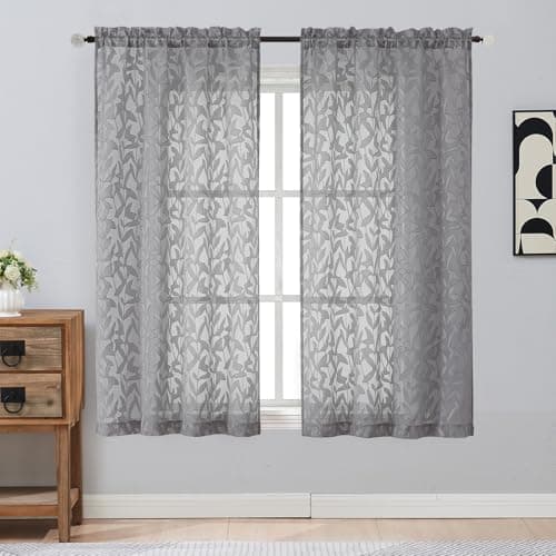 Gwine Charcoal Grey Sheer Curtains 63 Inch Length 2 Panels, Light Filtering Leaf Jacquard Textured Soft Airy Living Room Bedroom Curtains, Elegant Rod Pocket Farmhouse Curtain, 42Wx63L Inches, 2PCS