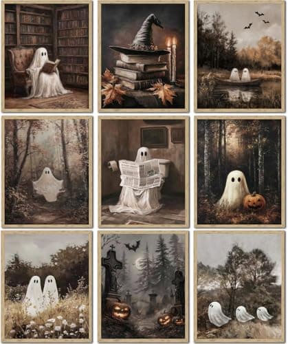 Vintage Ghost Halloween Canvas wall art Aesthetic Farmhouse paintings pictures wall decor Retro fun ghost reading book poster printing Artwork for Gallery Wall Living Room Bedroom Home decoration