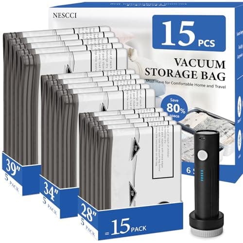 NESCCI Travel Vacuum Bags for Clothing with Rechargeable Wireless air Pump,15 Pack Compression Packing Bags for Luggage Suitcase,Carry-on Size Space Saver Vacuum Storage Bags