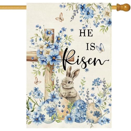 Baccessor He Is Risen Easter House Flag 28x40 Inch Double Sided Outside,Easter Bunny Blue Floral Flowers Cross Eggs Flag Yard Outdoor Decoration