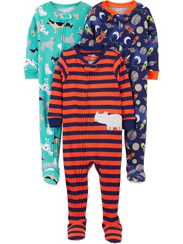 Simple Joys by Carter's Toddler Boys 3-pack Snug-fit Footed Cotton Pajamas, Dogs/Space/Rhino, 3T