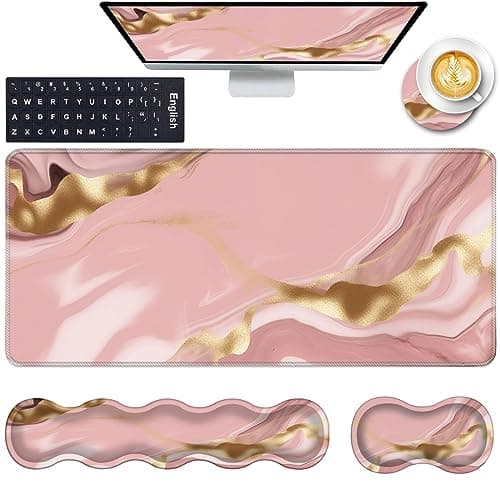 Keyboard Wrist Rest and Mouse Pad with Wrist Support Set Ergonomic Coaster,Memory Foam,Easy Typing Pain Relief,Large XL Desk Mat 31.5"x 11.8",Pink Marble