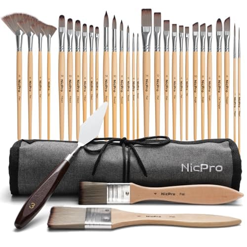 Nicpro 32pcs Paint Brush Set, Acrylic Paint Brushes, Professional Artist Series with Paint Spatula and Cloth Roll, Paintbrushes for Oil, Acrylic Canvas Paintings, Watercolor, Art Supplies
