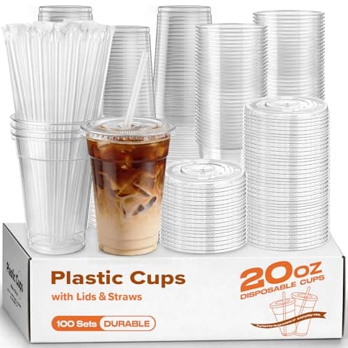 PODJULFA 100 Pack 20oz Plastic Cups with Lids and Straws, Clear Disposable Plastic Cups, Heavy Duty Iced Coffee Cups with Leak-Resistant Lids, Cold Drink Cups for Smoothies, Juice, Soda & Party To Go